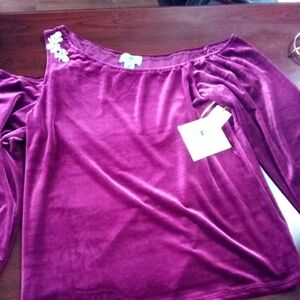 CeCe Fuchsia Velvet Cold Shoulder Blouse